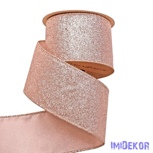 Glitteres karácsonyi szalag drótos szegéllyel 64mm x 5m - Rose Gold